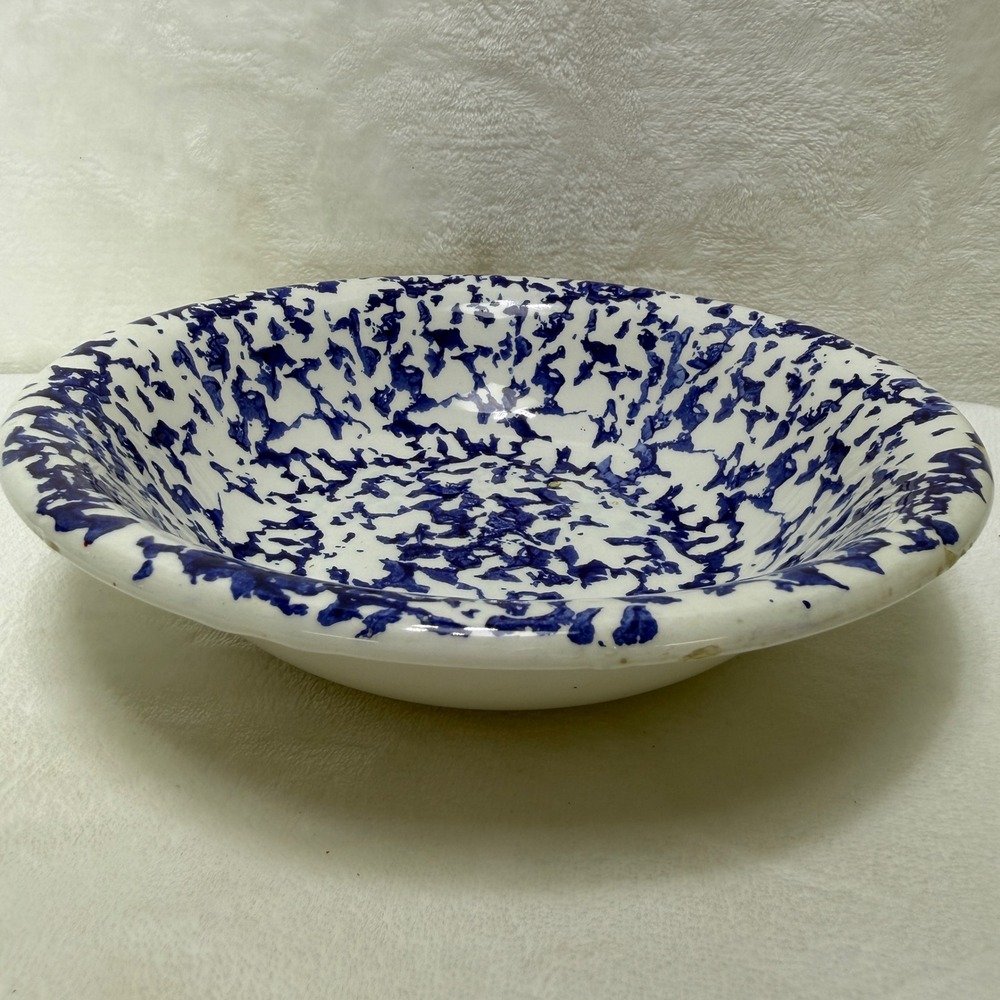 VTG Blue White Splatter Enamelware‎ Bowl 8 Inch Round Speckled Basin